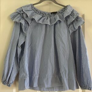 J Crew Blouse Women’s Size S Blue White Striped Ruffle Long Sleeve Top Coastal
